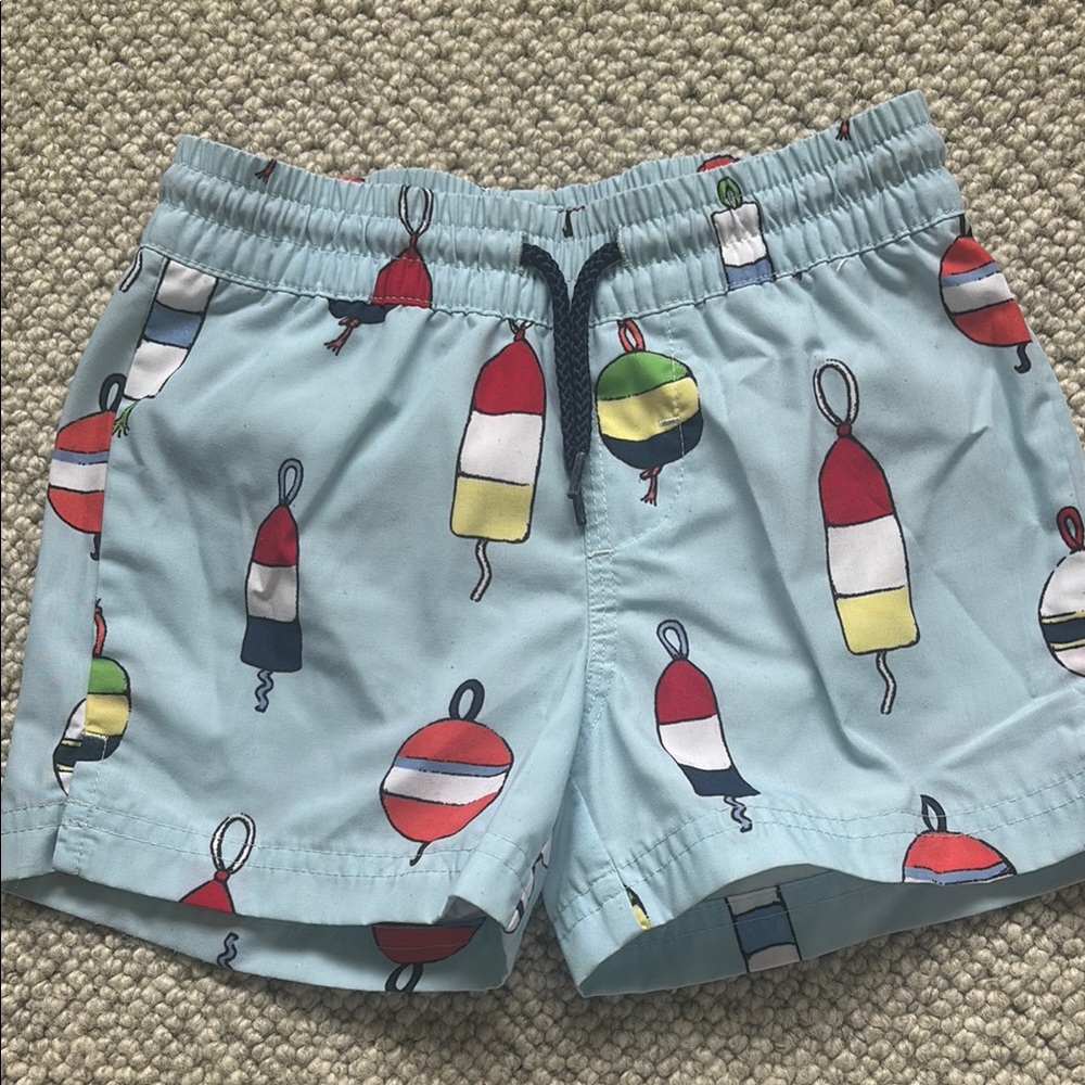 The Beaufort Bonnet Company Blue and Red Swim Trunks with Nautical Buoy Print